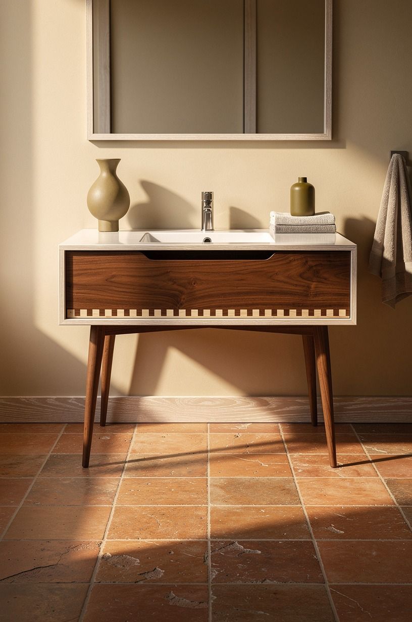 Start with a walnut vanity on slim legs