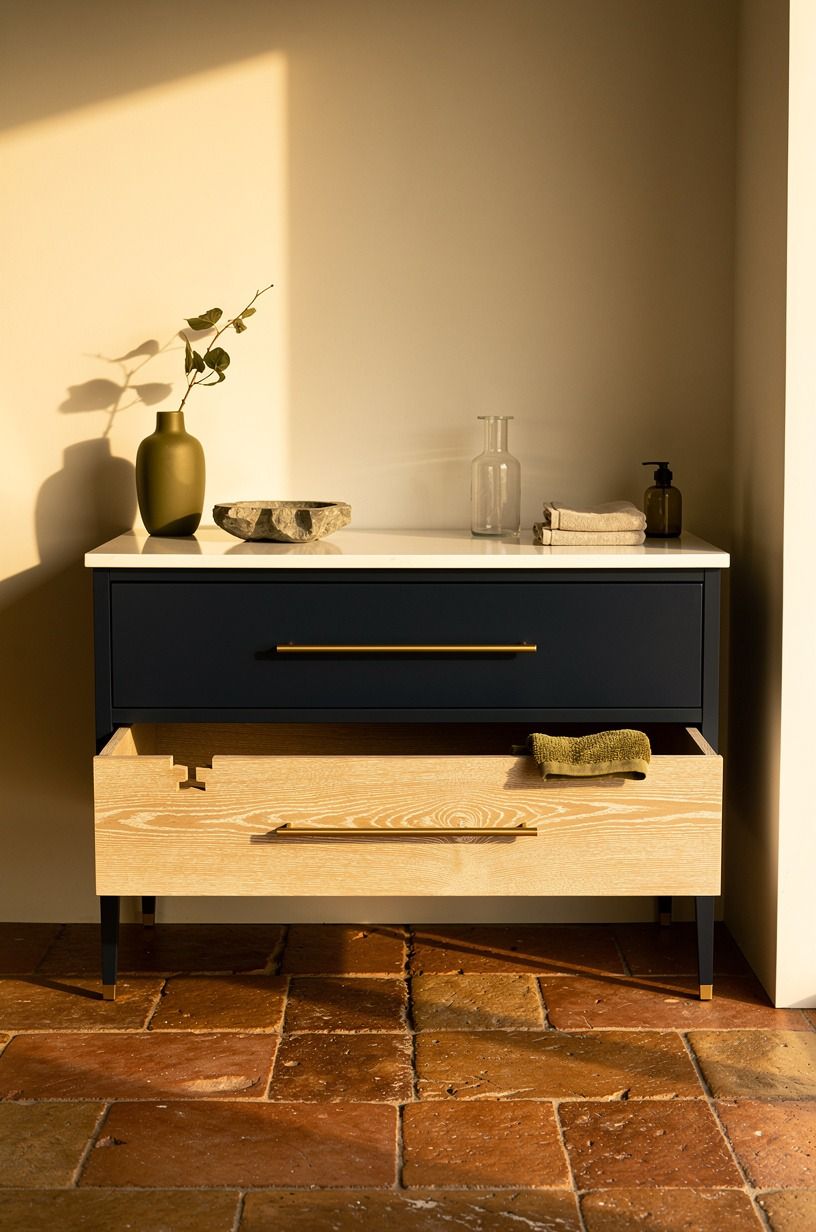 Start with a navy vanity and brass pulls