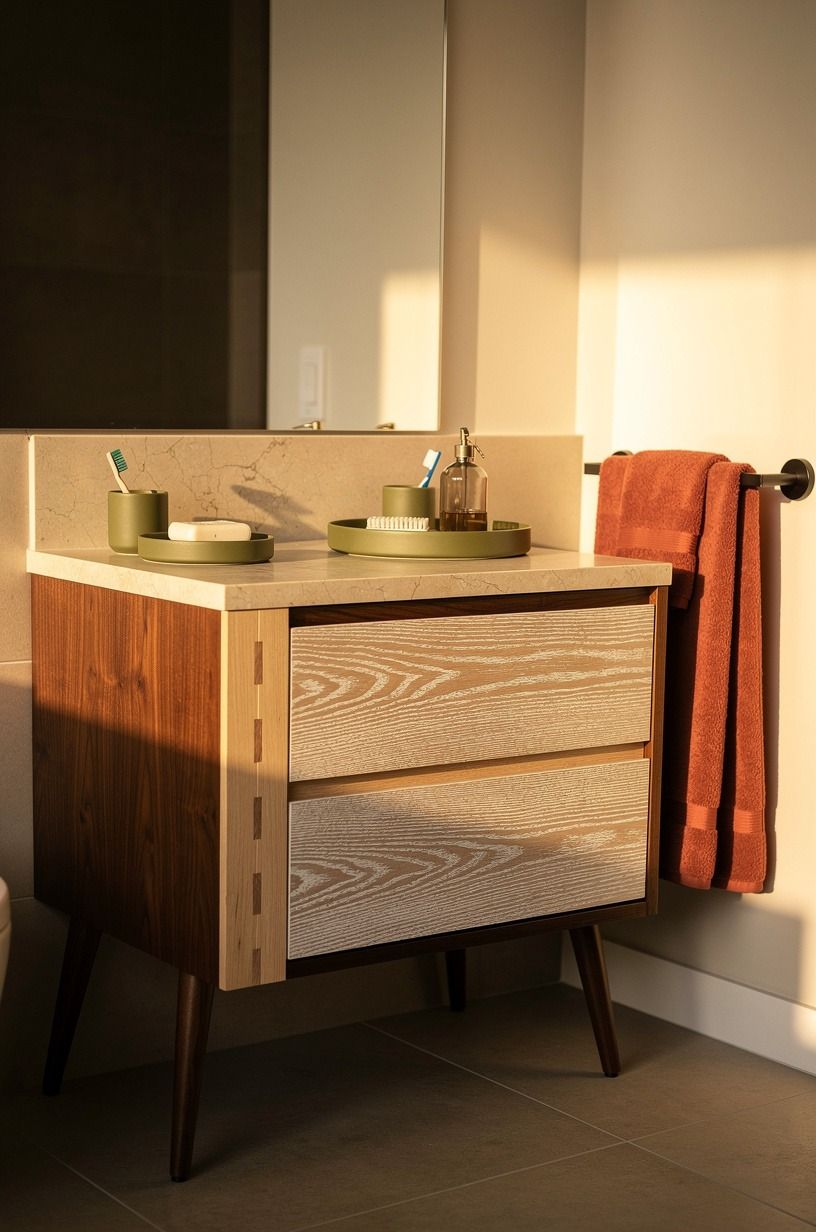 Anchor a walnut vanity with tapered legs (The Open-Floor Anchor)