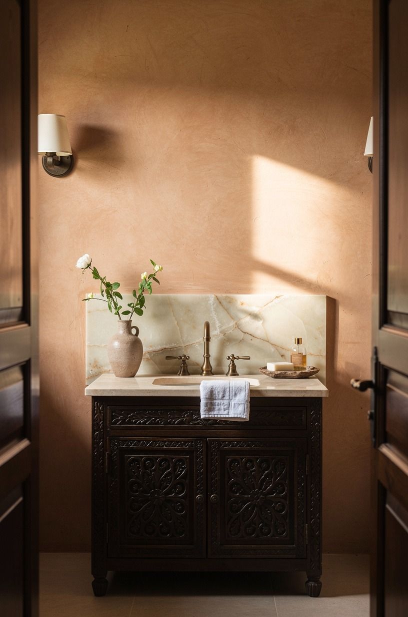 Anchor the vanity with dark carved wood