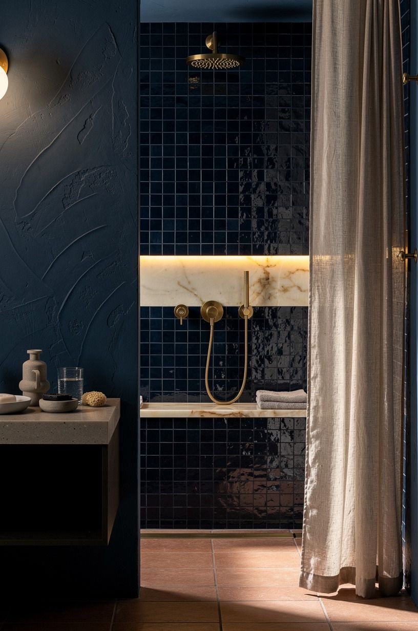 Tile the shower in glossy navy zellige