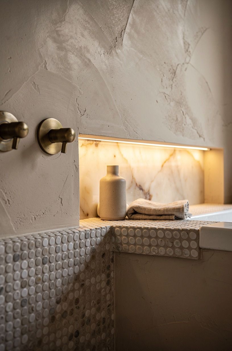 Wrap penny tile over the shelf face