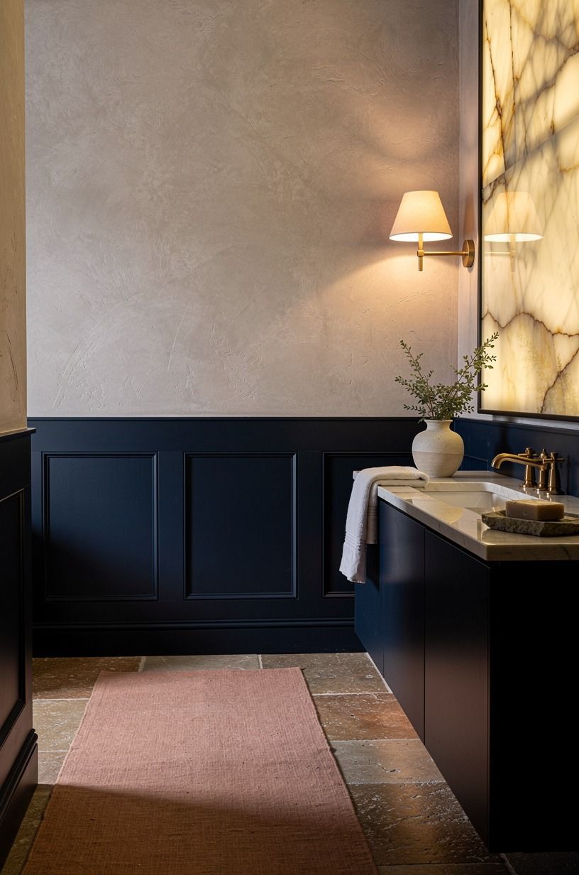 Anchor the room with navy painted wainscoting
