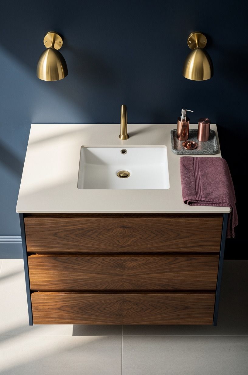 Frame a navy vanity with brass sconces