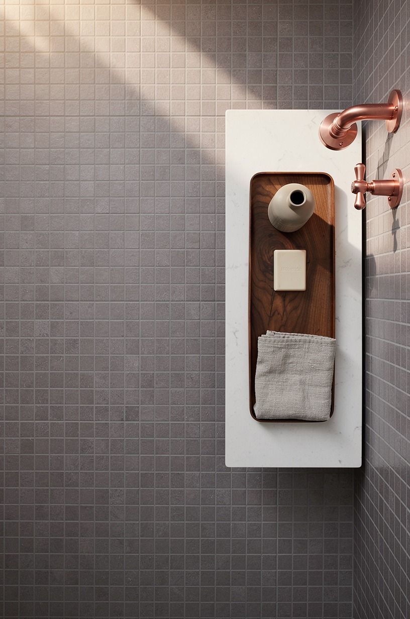 Float a slim quartz slab under brass fixtures
