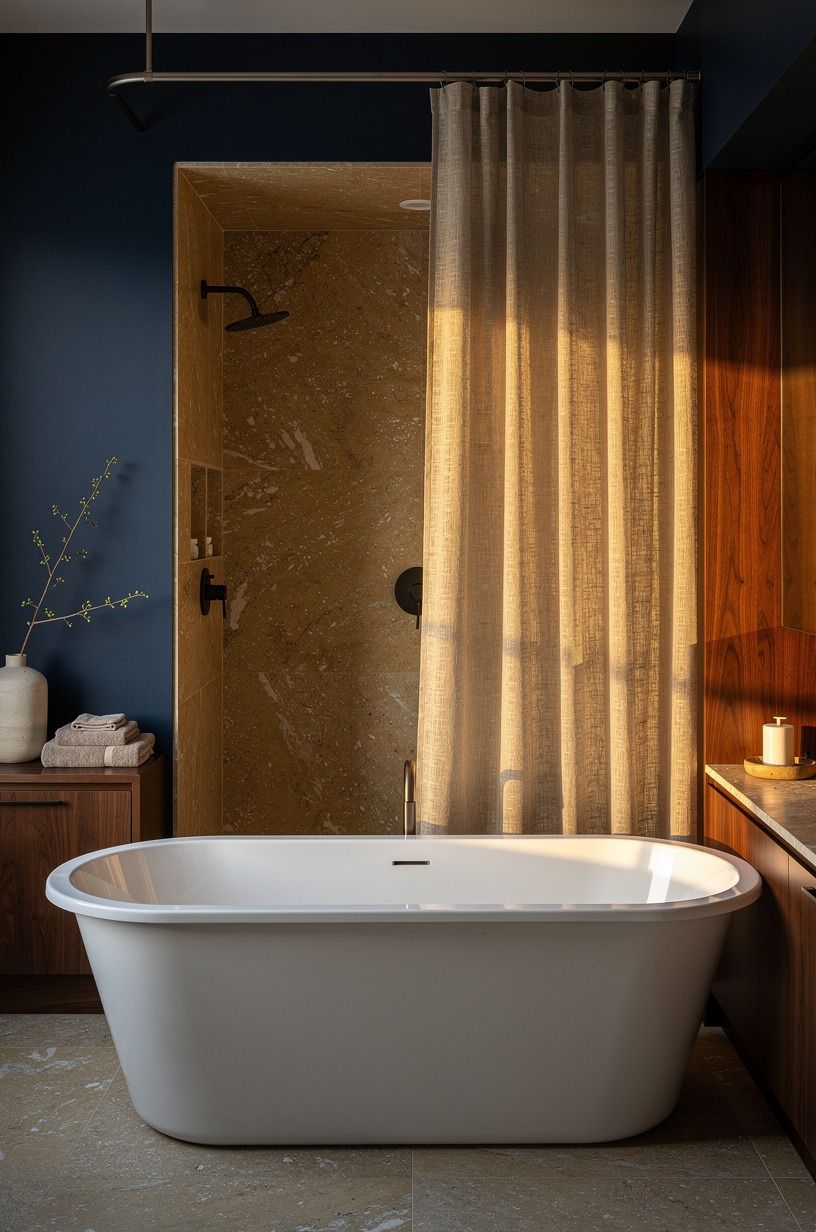 Tuck the shower behind the freestanding tub