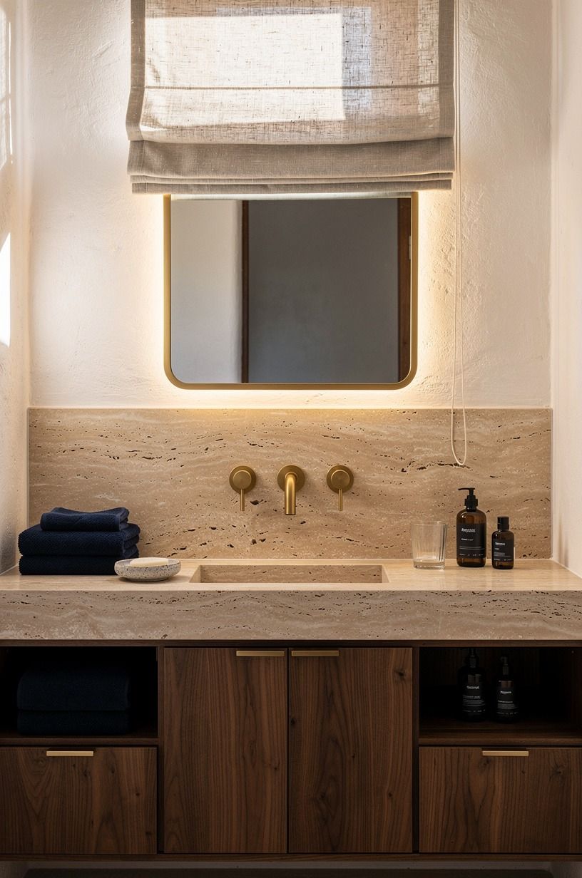 Pair aged brass fixtures with clean slab stone