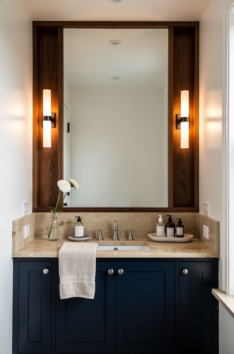 Frame the mirror with navy built-ins