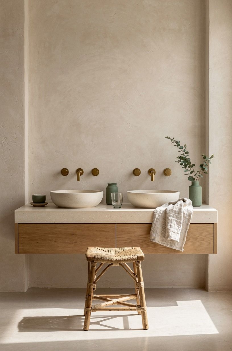 Float a warm oak vanity under vessel sinks