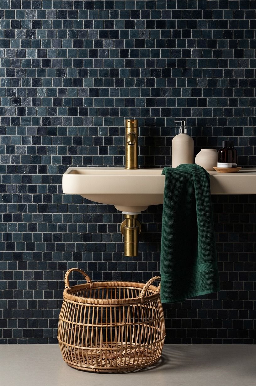 Layer navy zellige behind the sink