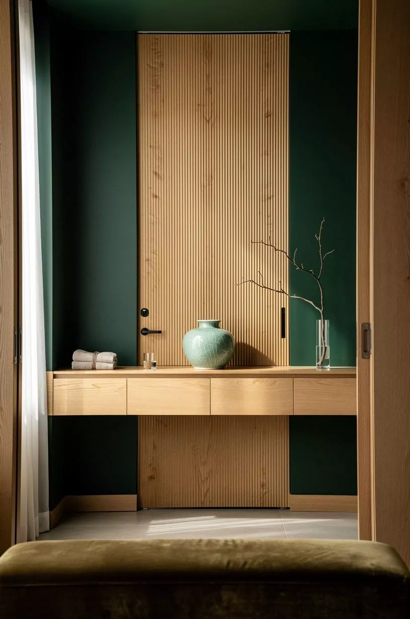 Tuck the toilet room behind fluted wood