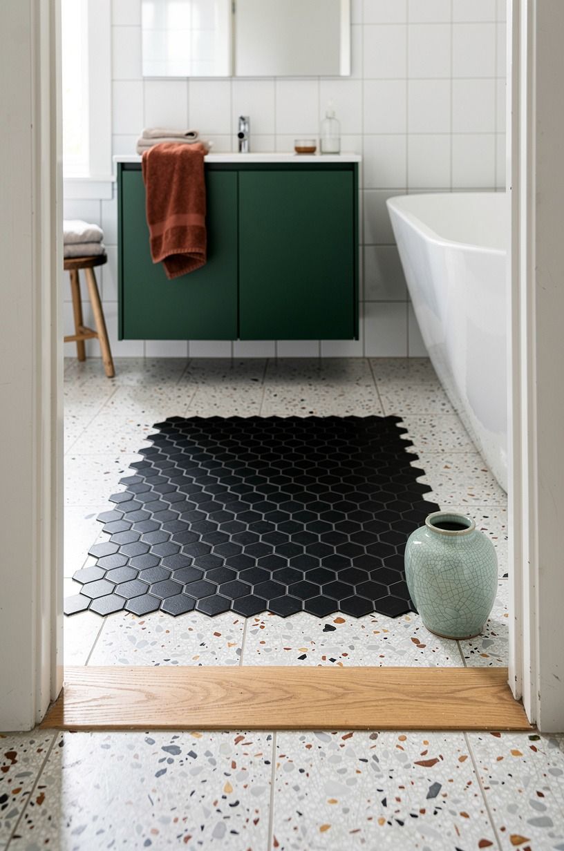 Set a black hex tile rug underfoot