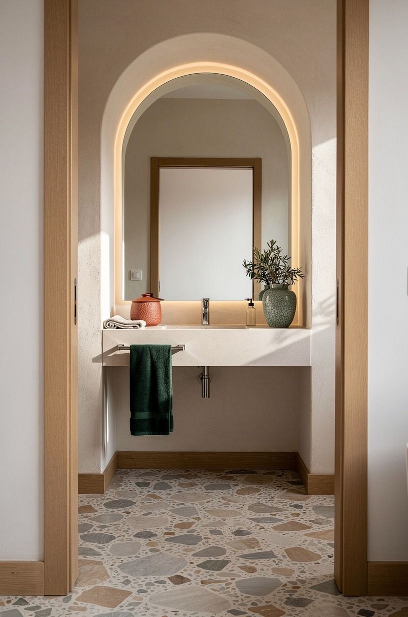 Frame the mirror with a thin plaster arch (Why does this shape calm the room?)