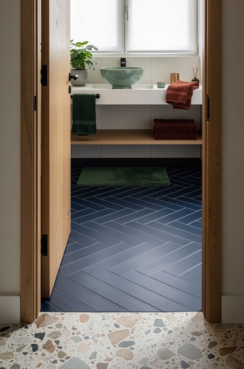 Run navy floor tile in a herringbone pattern