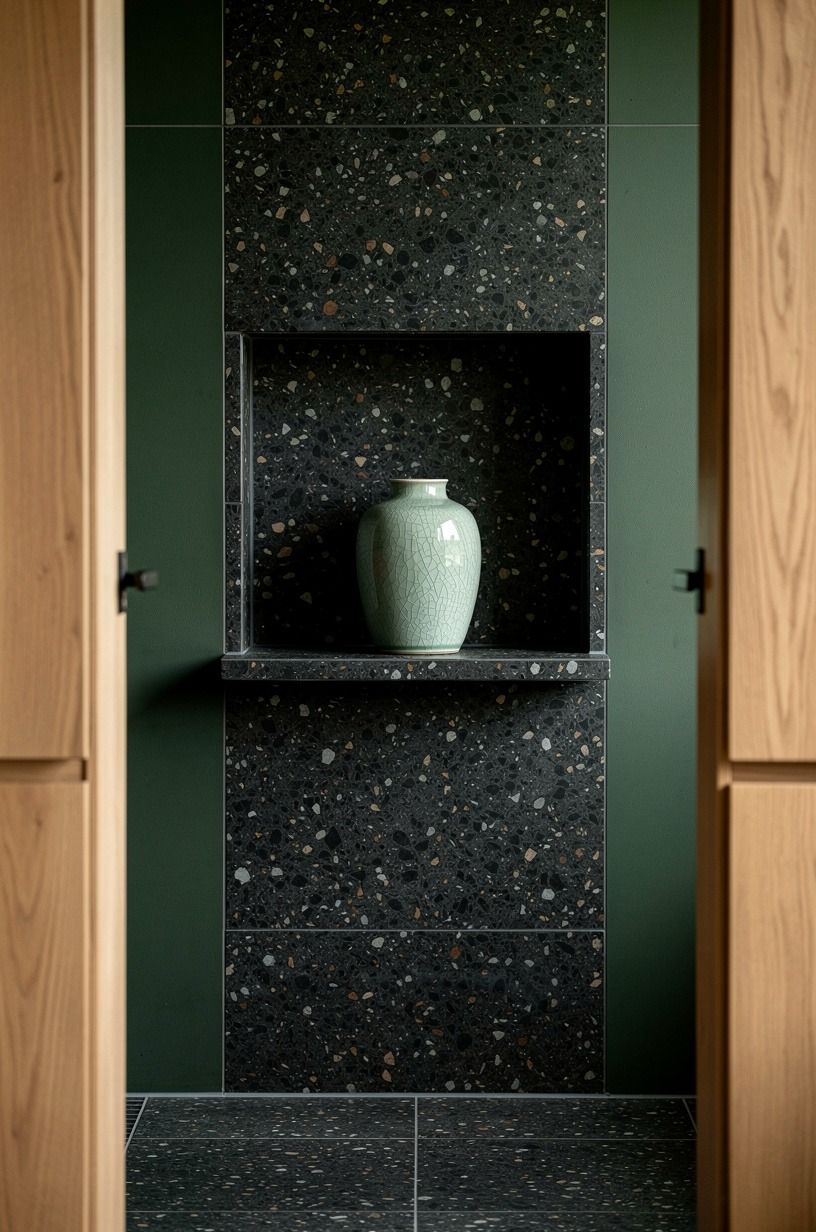 Line the shelf with dark stone