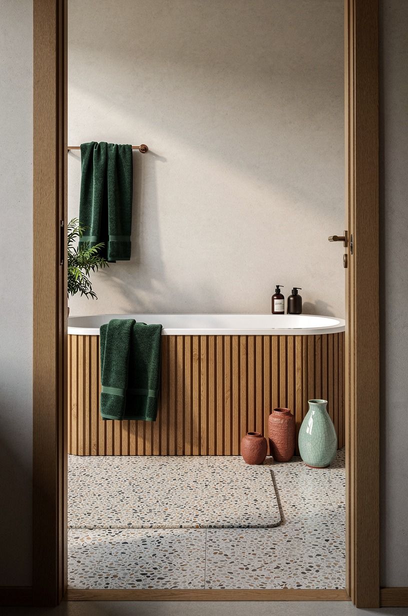 Frame the tub with vertical teak slats