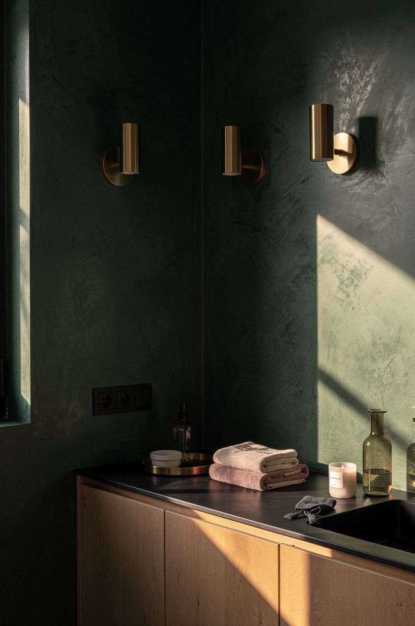 Layer brass sconces against green walls