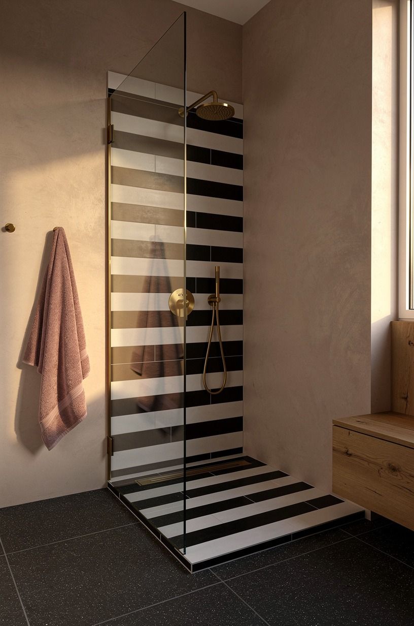 Stripe the shower walls with alternating tile bands