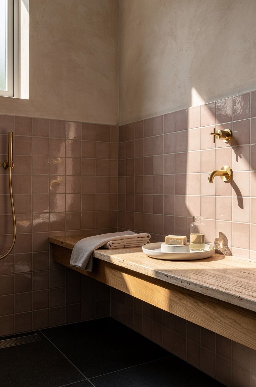 Cap a tiled wall ledge with warm travertine