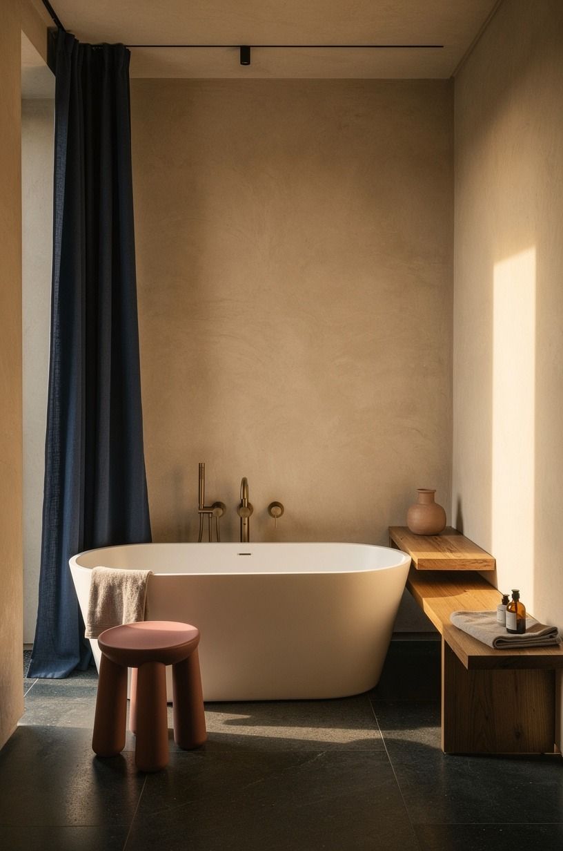 Hang navy linen curtains beside the tub