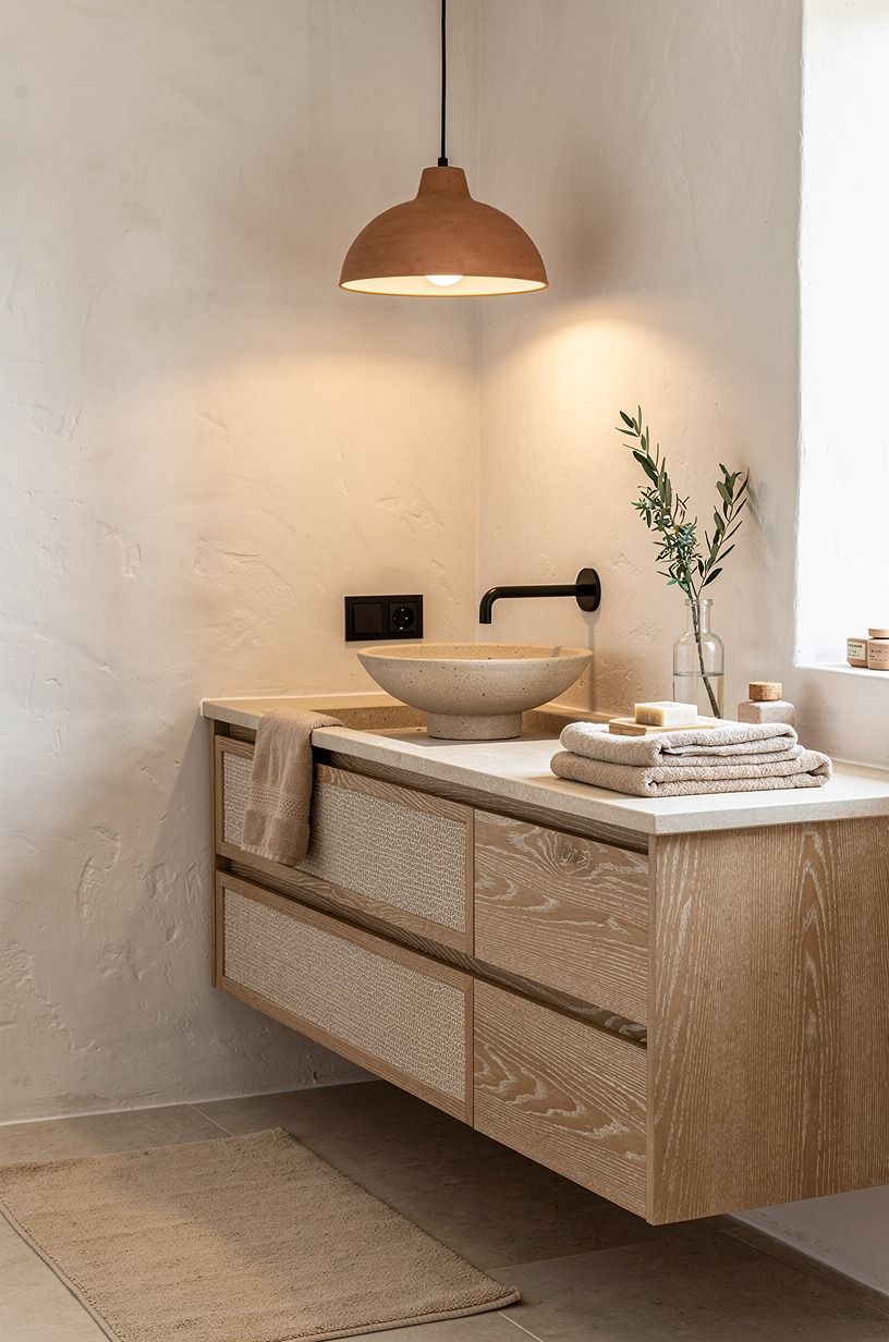 Set a clay pendant above the vanity