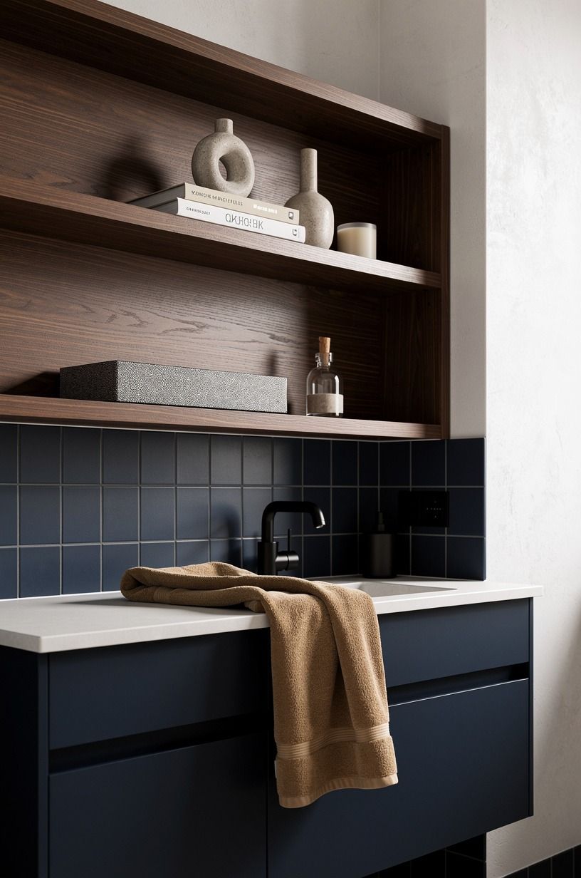 Pair navy tiles with warm walnut shelves