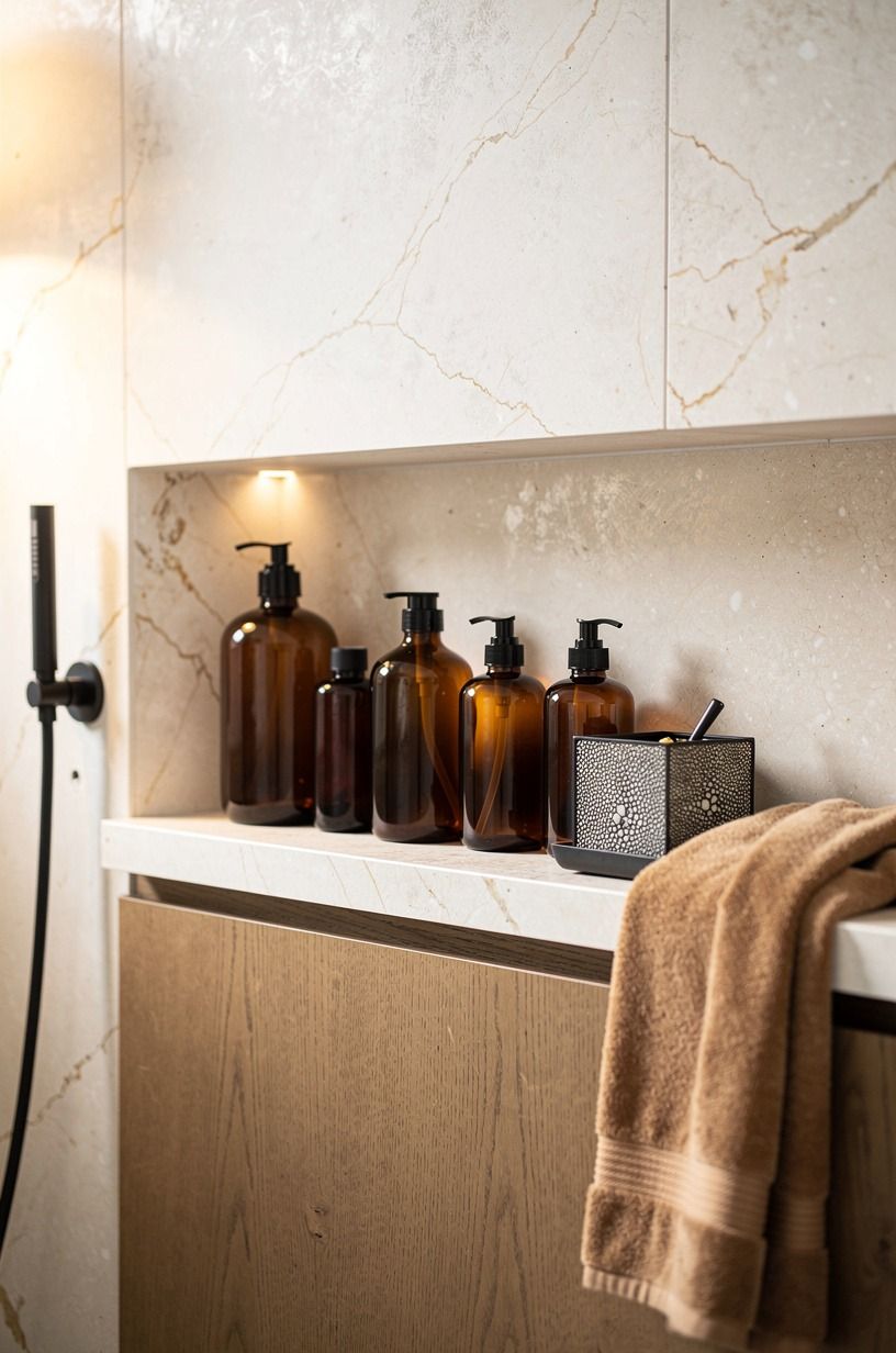 Set amber bottles along a recessed stone shelf