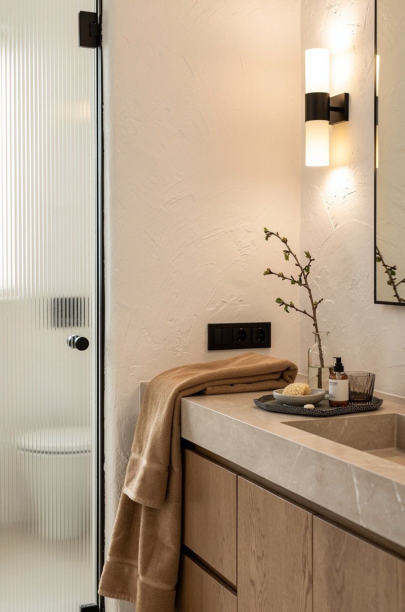 Mix ribbed glass with matte stone surfaces