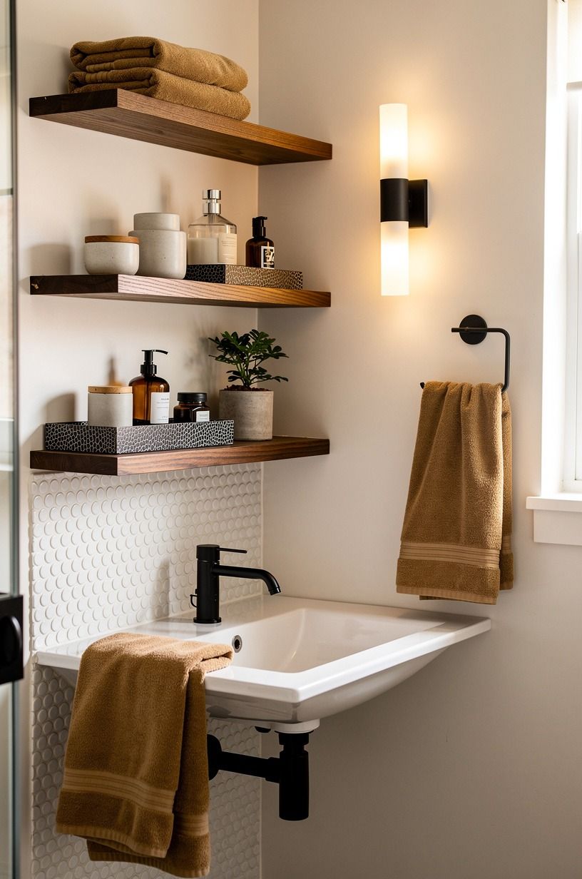 Run penny tile behind floating walnut shelves (The Texture-Backed Shelf Move)