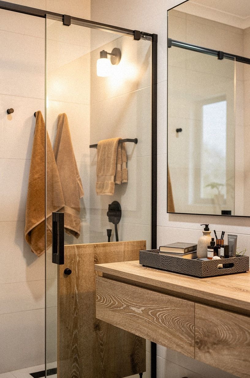 Set a pocket door behind shower glass