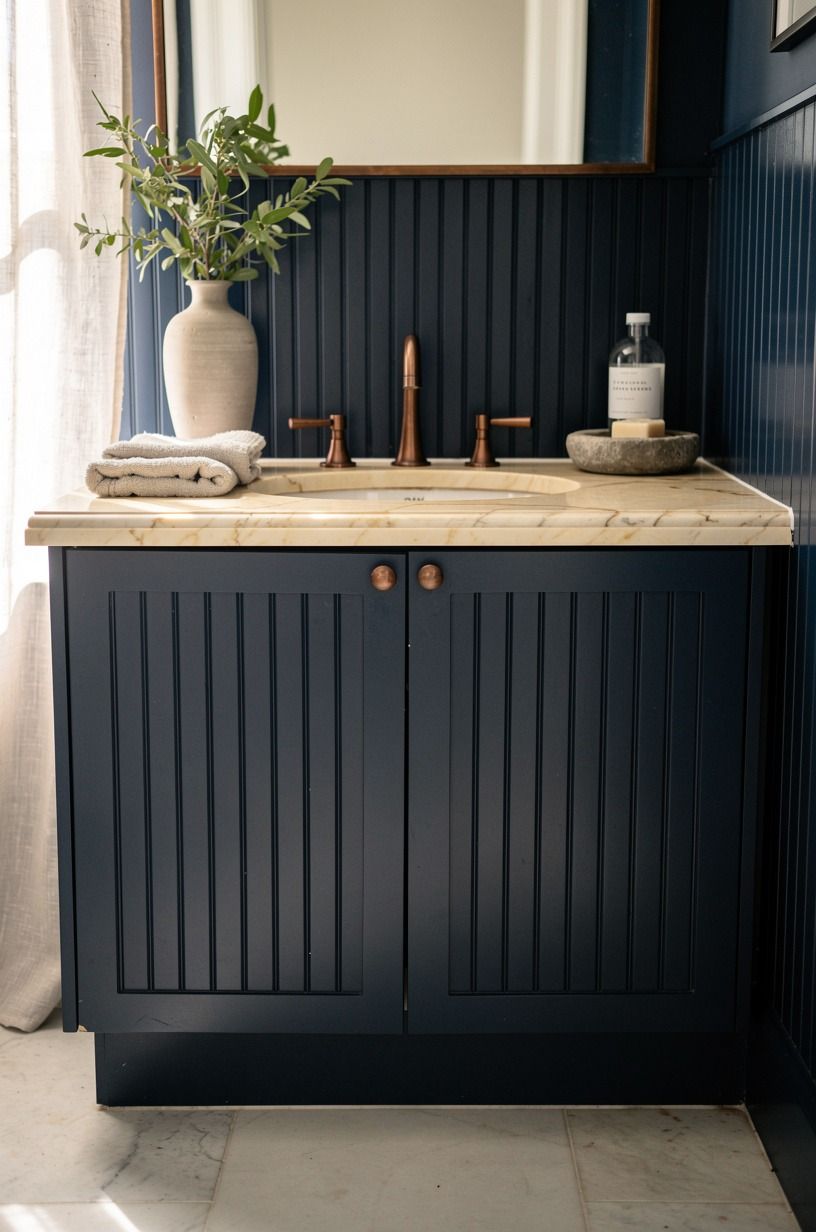 Pair navy beadboard with marble counters
