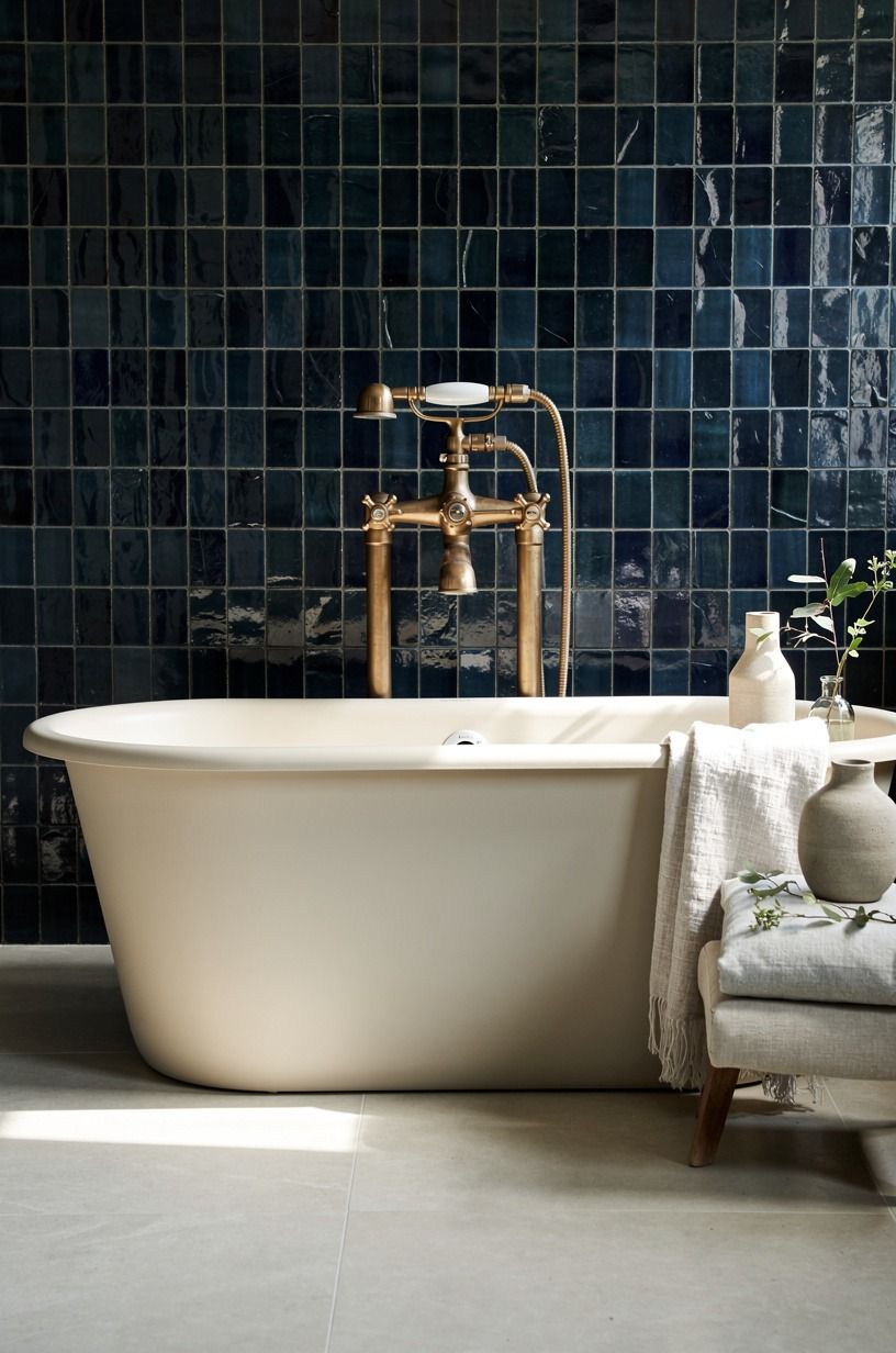 I set brass plumbing against handmade tile