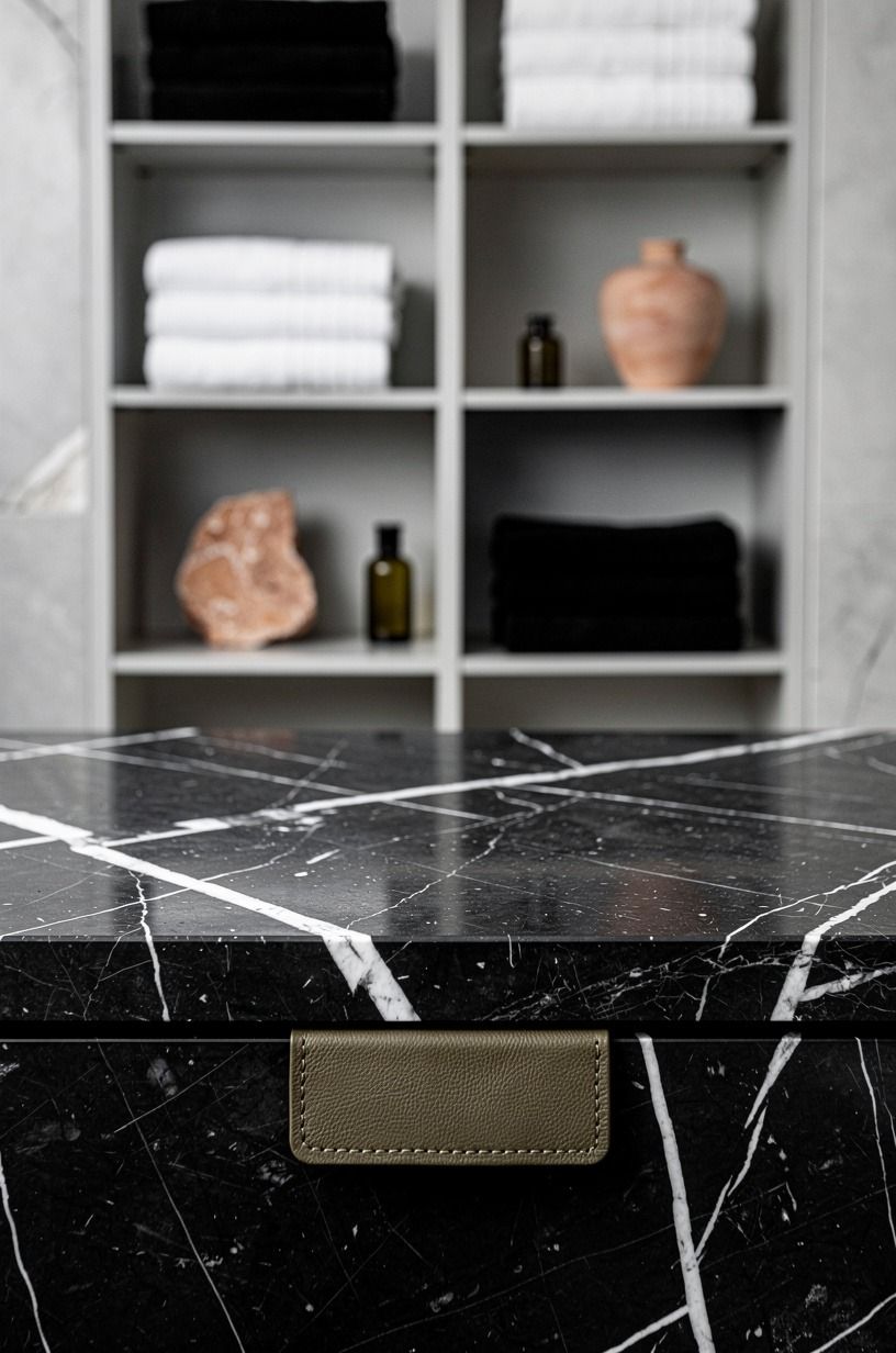 Style open shelves with black and white towels