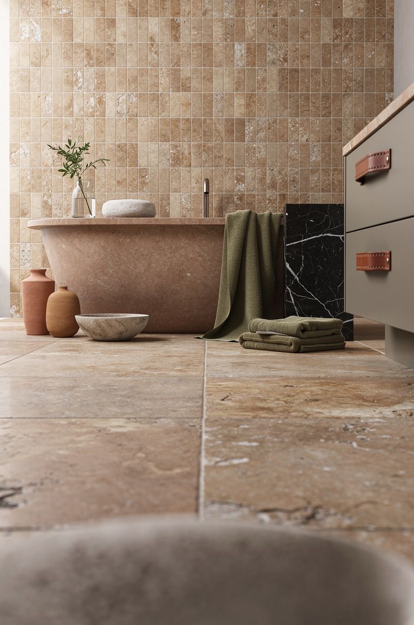 I softened the edge with limestone floor tile