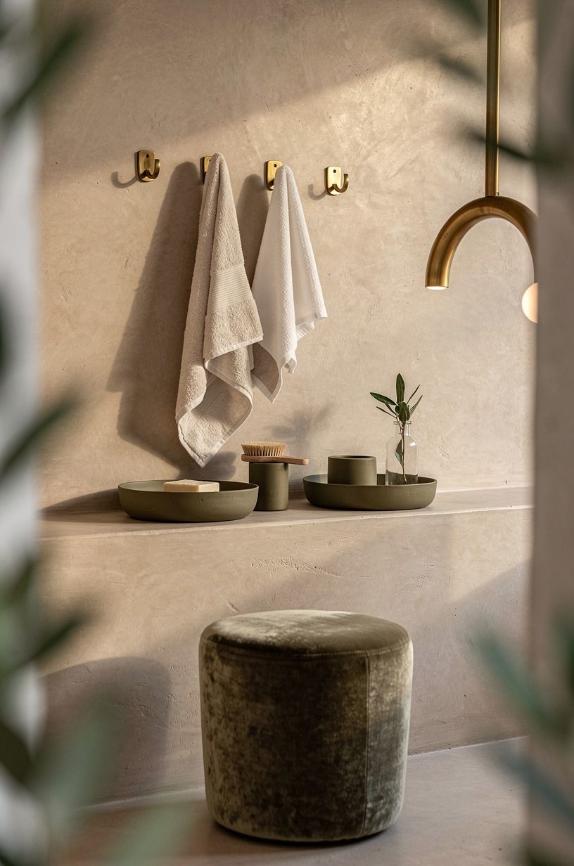 Layer cream towels with olive ceramic trays