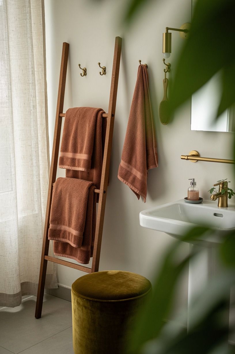Style open towels on a ladder shelf