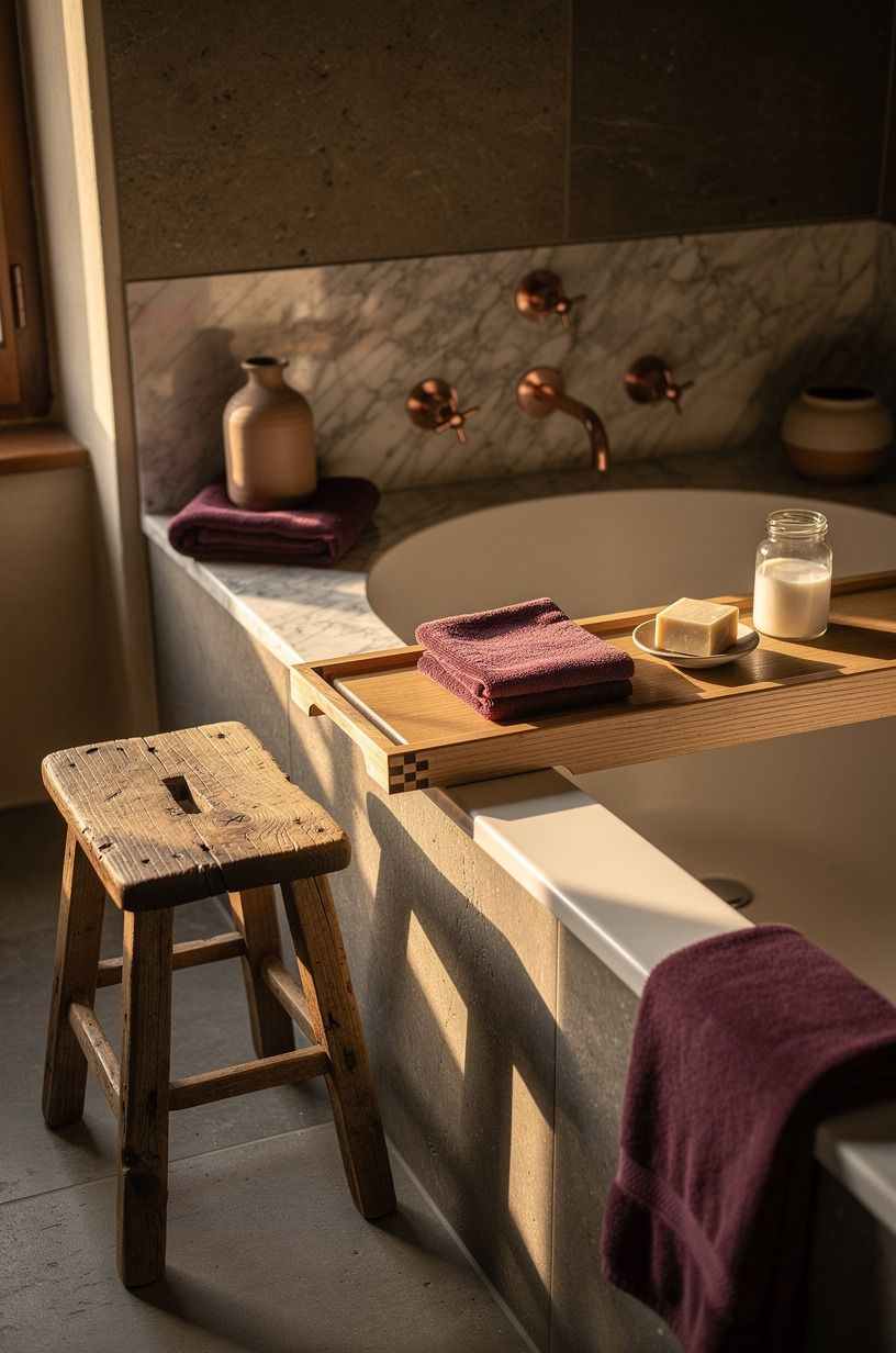Place a rustic stool beside the tub