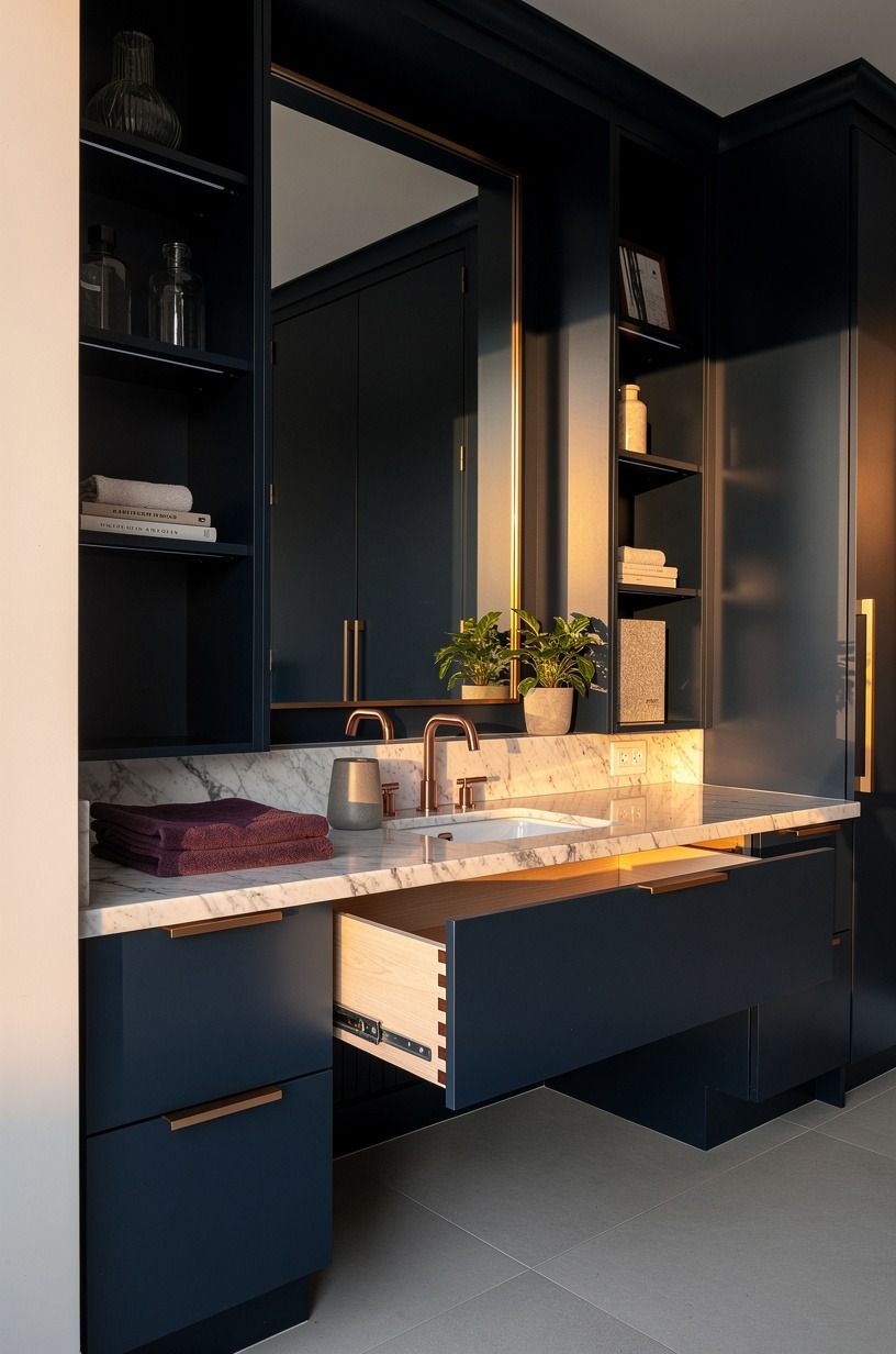 Surround the mirror with navy built-ins