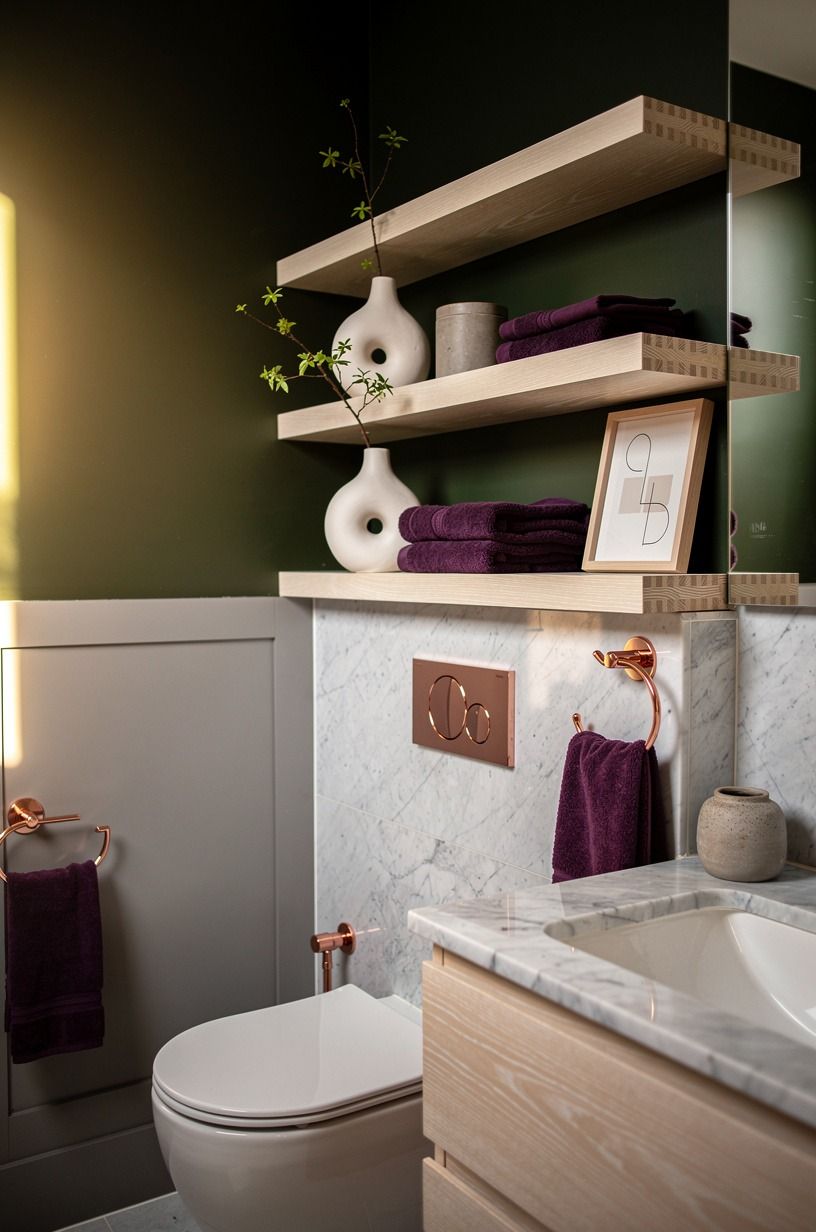 Mount floating shelves above the toilet