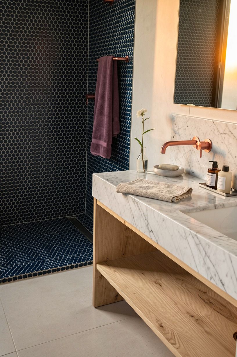 Ground the shower with navy penny tile