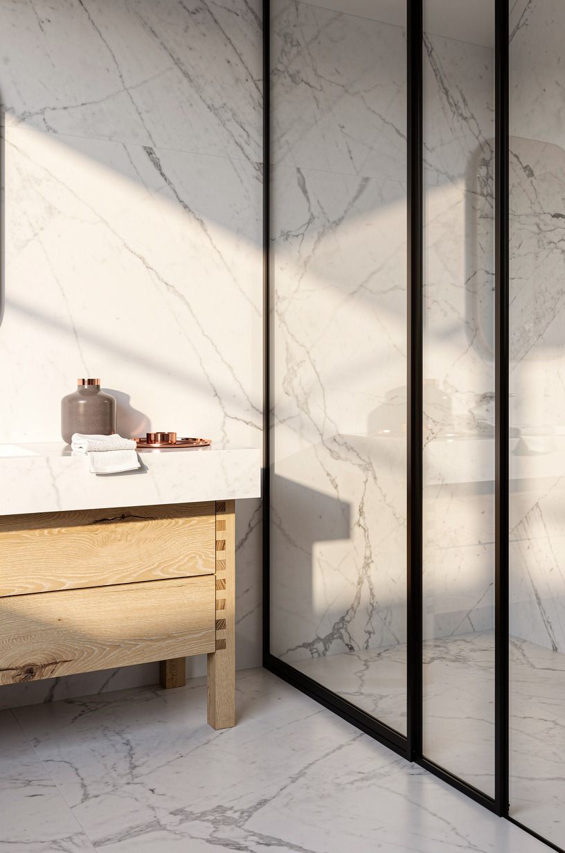 Repeat black lines through shower door framing