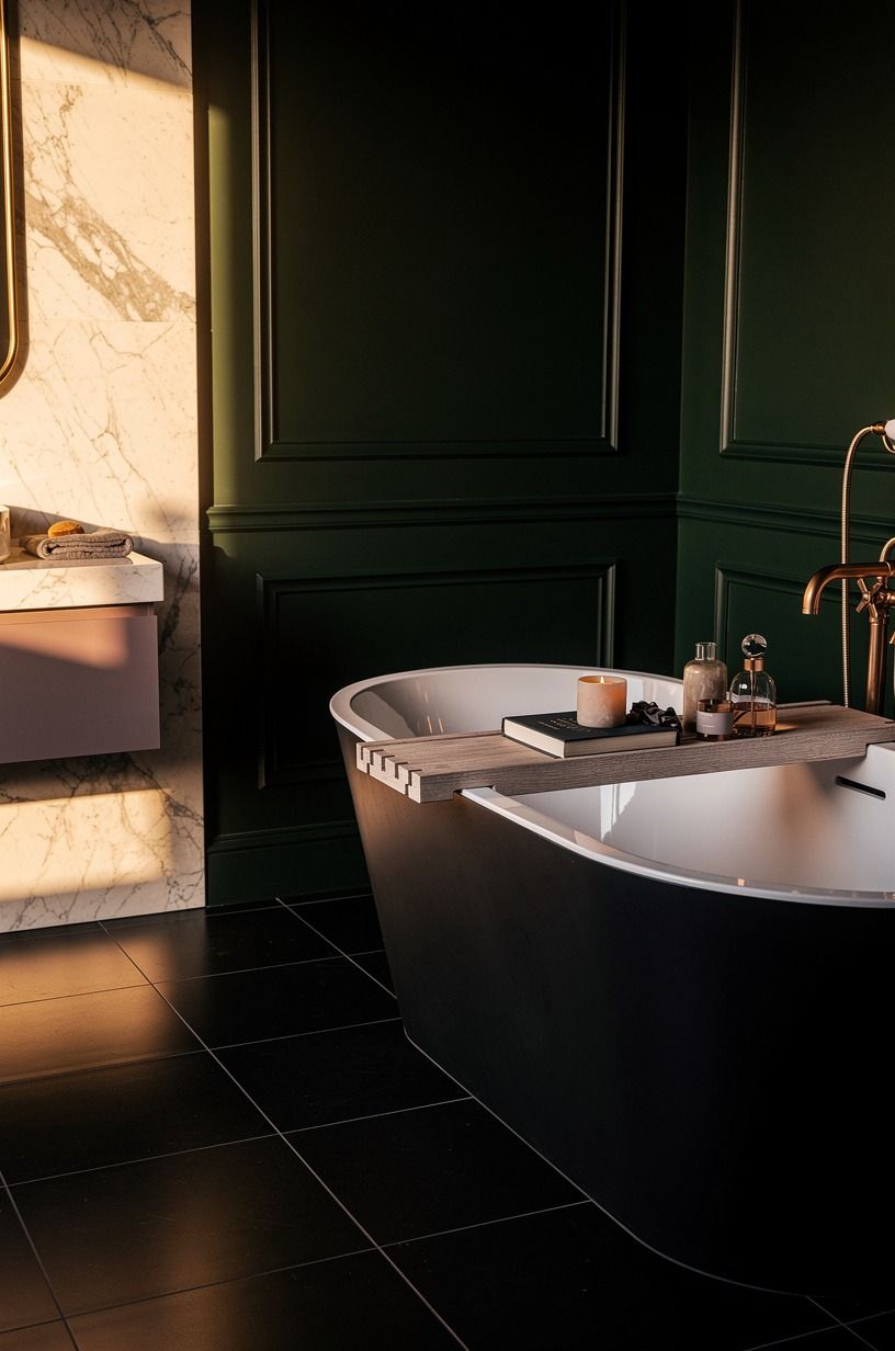 Anchor the tub with black floor tile