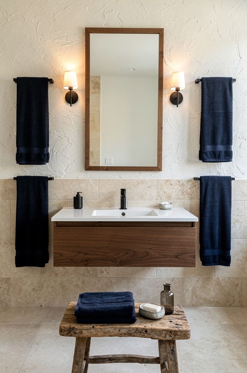 Add navy towels against warm stone