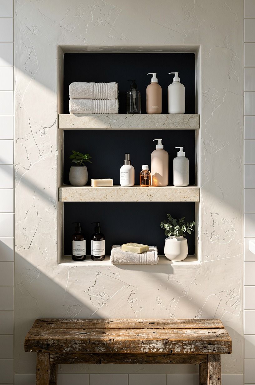 Float stone shelves inside the niche