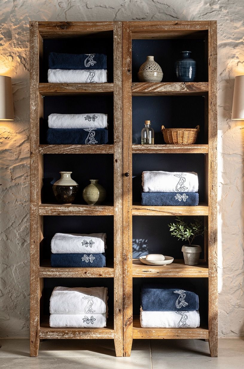 Use embroidered towels on open shelves
