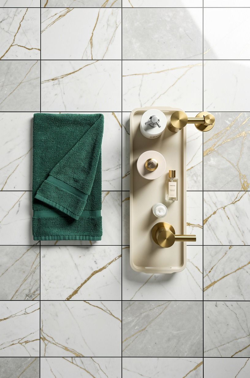 Use oversized marble-look tile with black grout