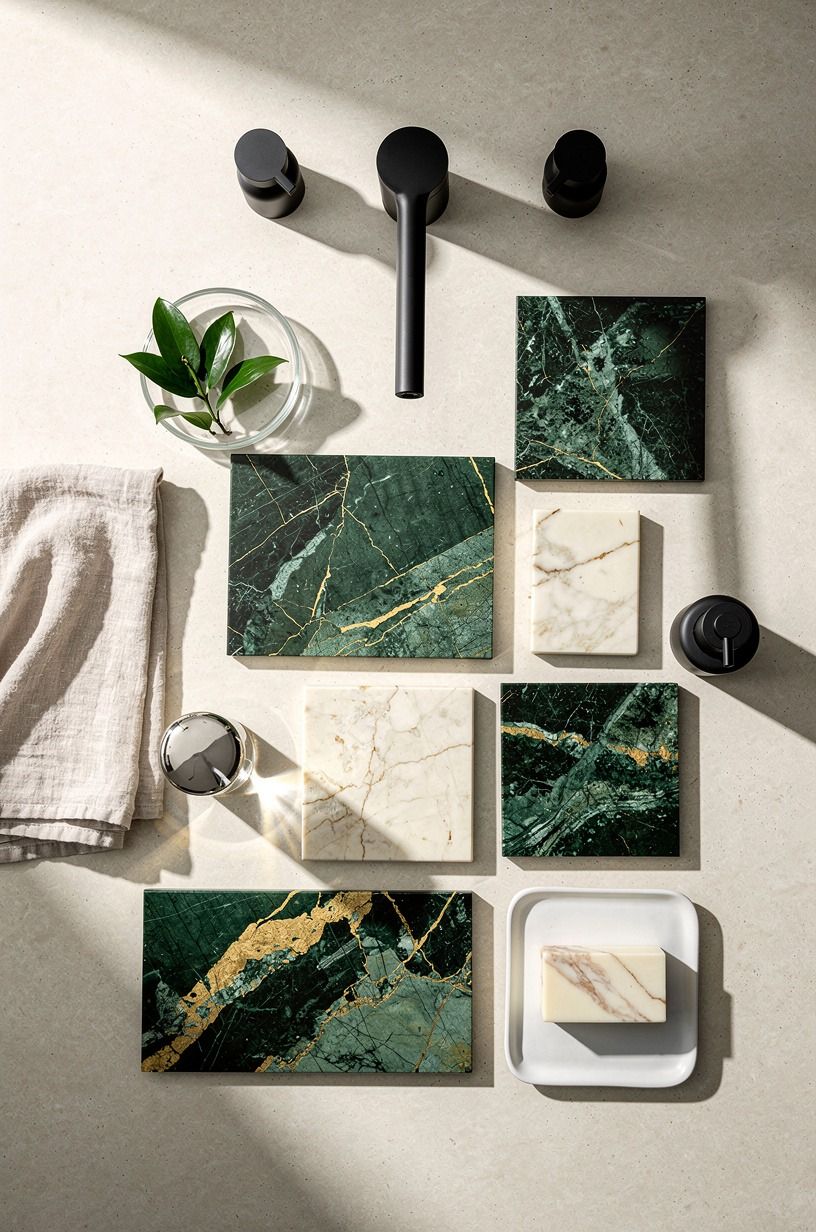 Contrast black fixtures with veined green stone