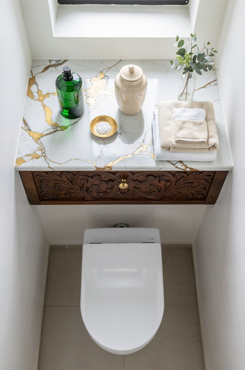 Mount a carved shelf over the toilet