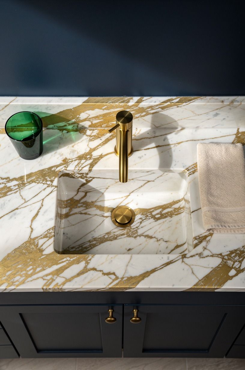 Contrast deep blue walls with unlacquered brass
