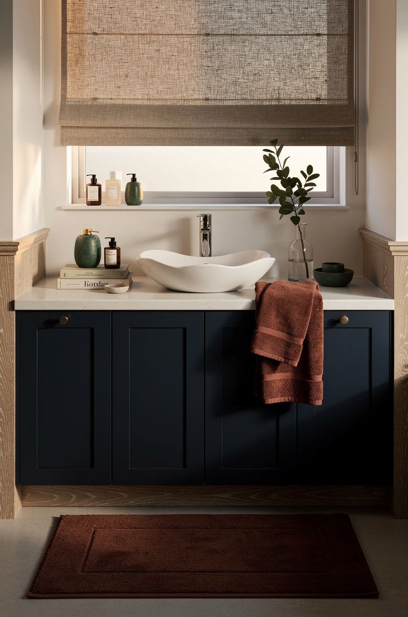 Set navy cabinetry under a vessel sink